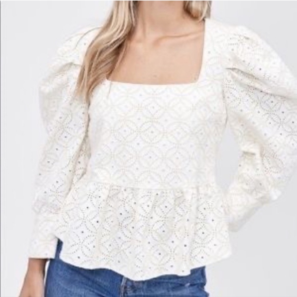 En Saison Cream Eyelet Blouse with Puff Sleeves
